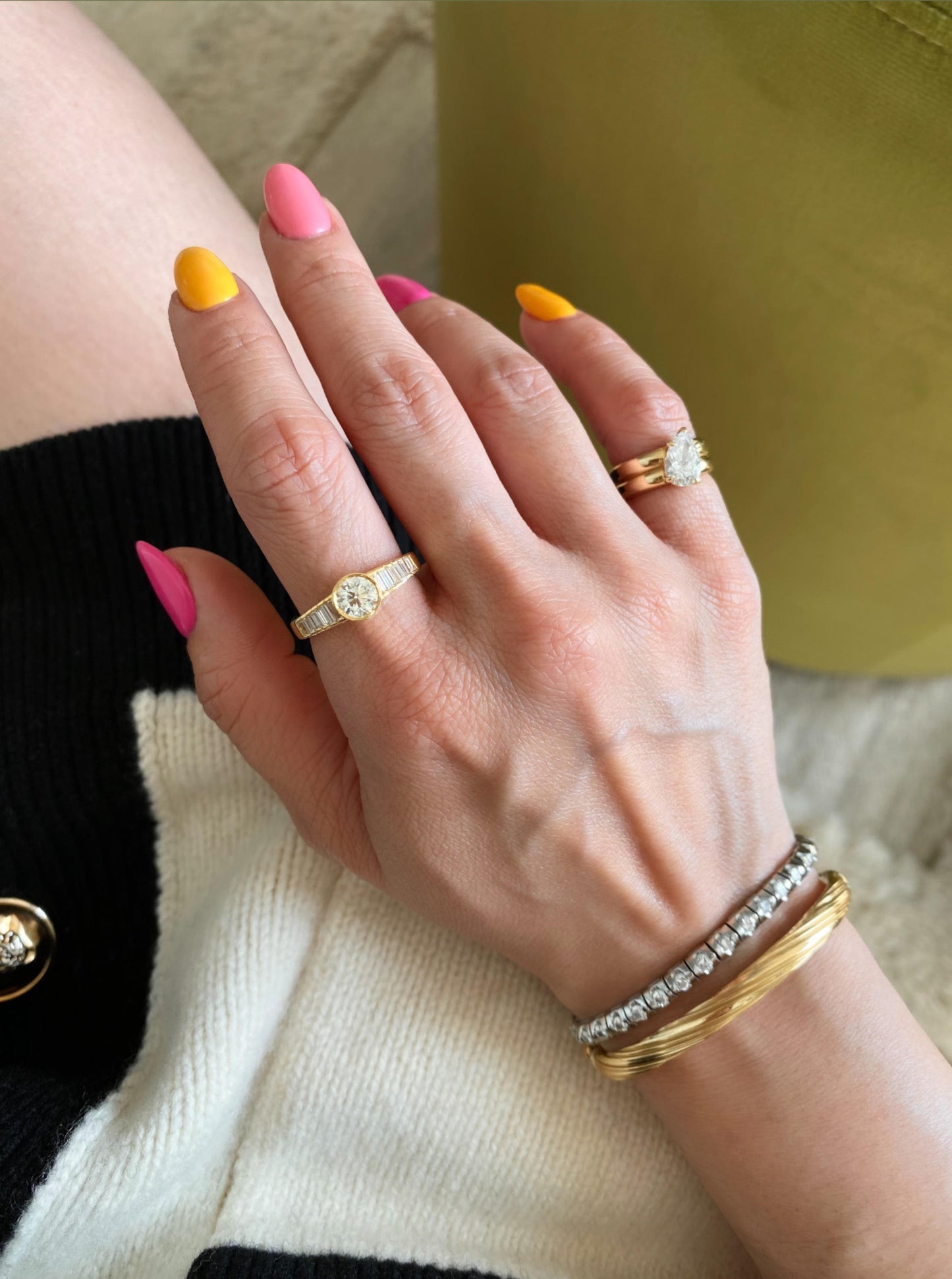 Estate Bezel Round & Baguette Diamond Ring