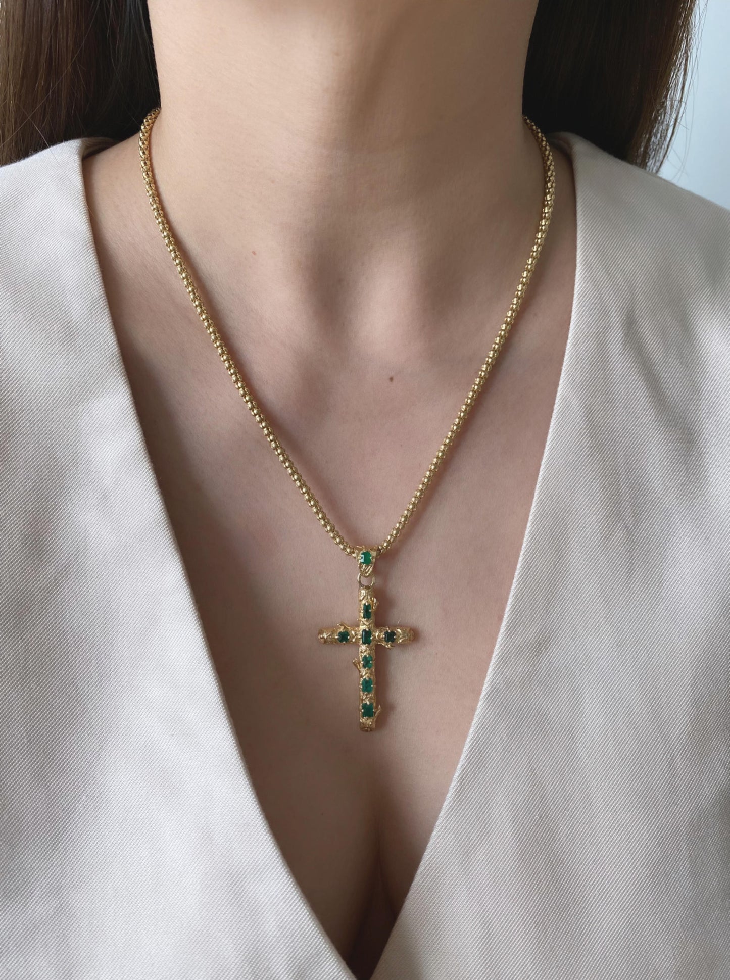 Emerald Cross Pendant with Wood Details