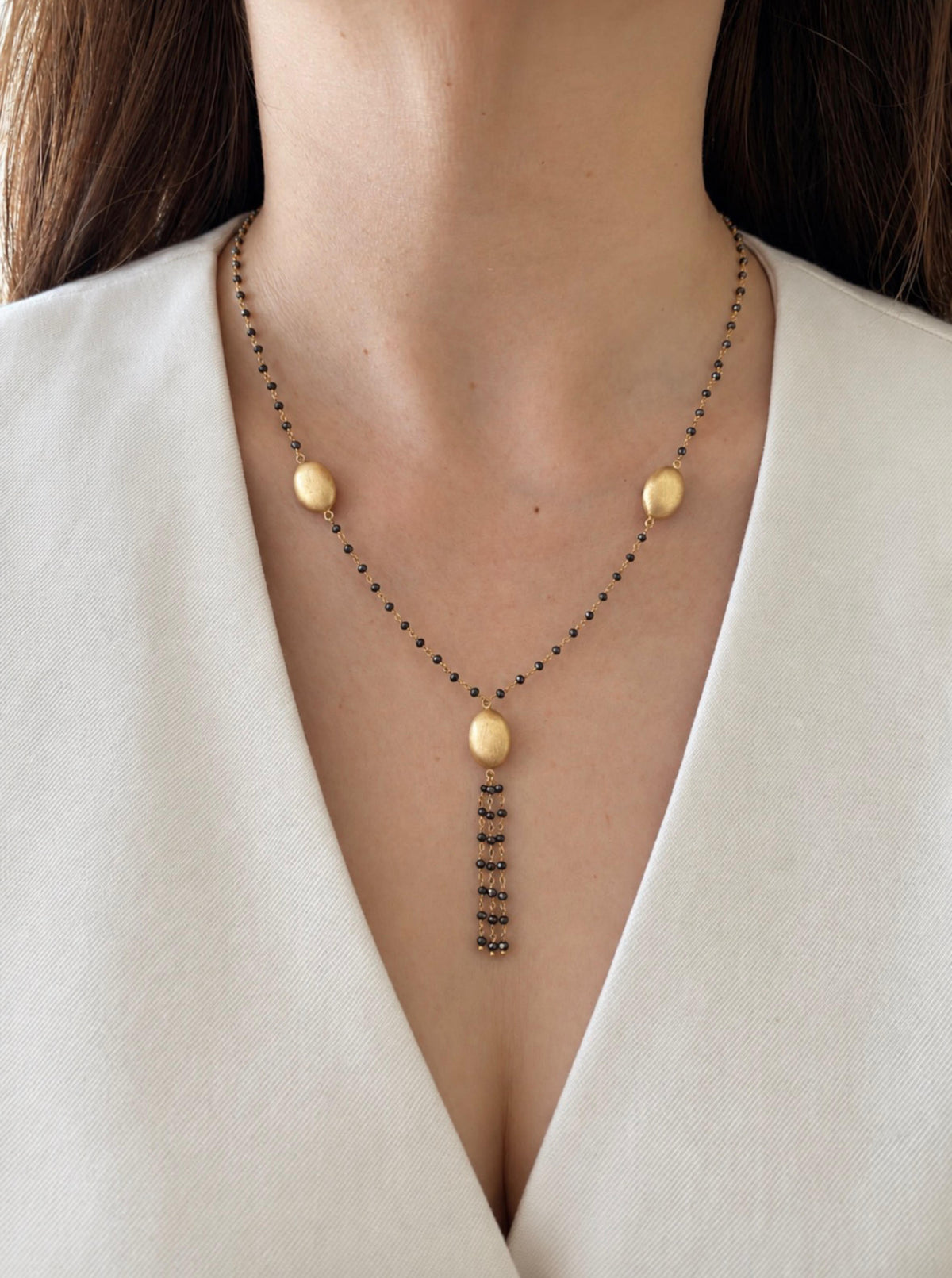 14K Black Diamond & Gold Nugget Lariat Necklace