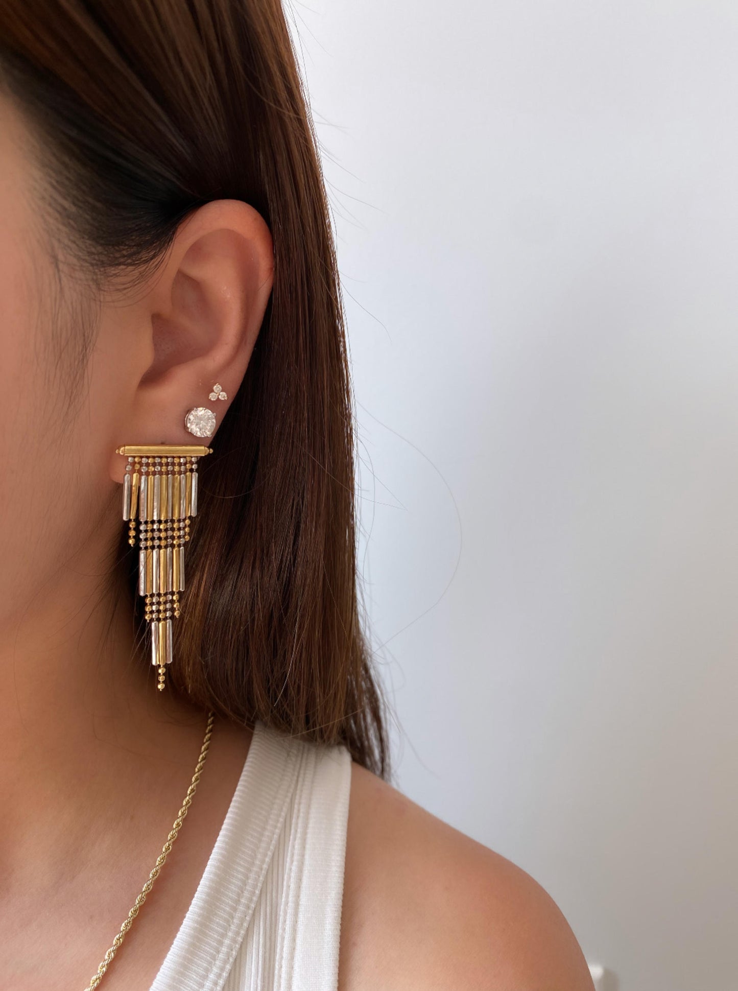 White & Yellow Gold Tassel Earrings