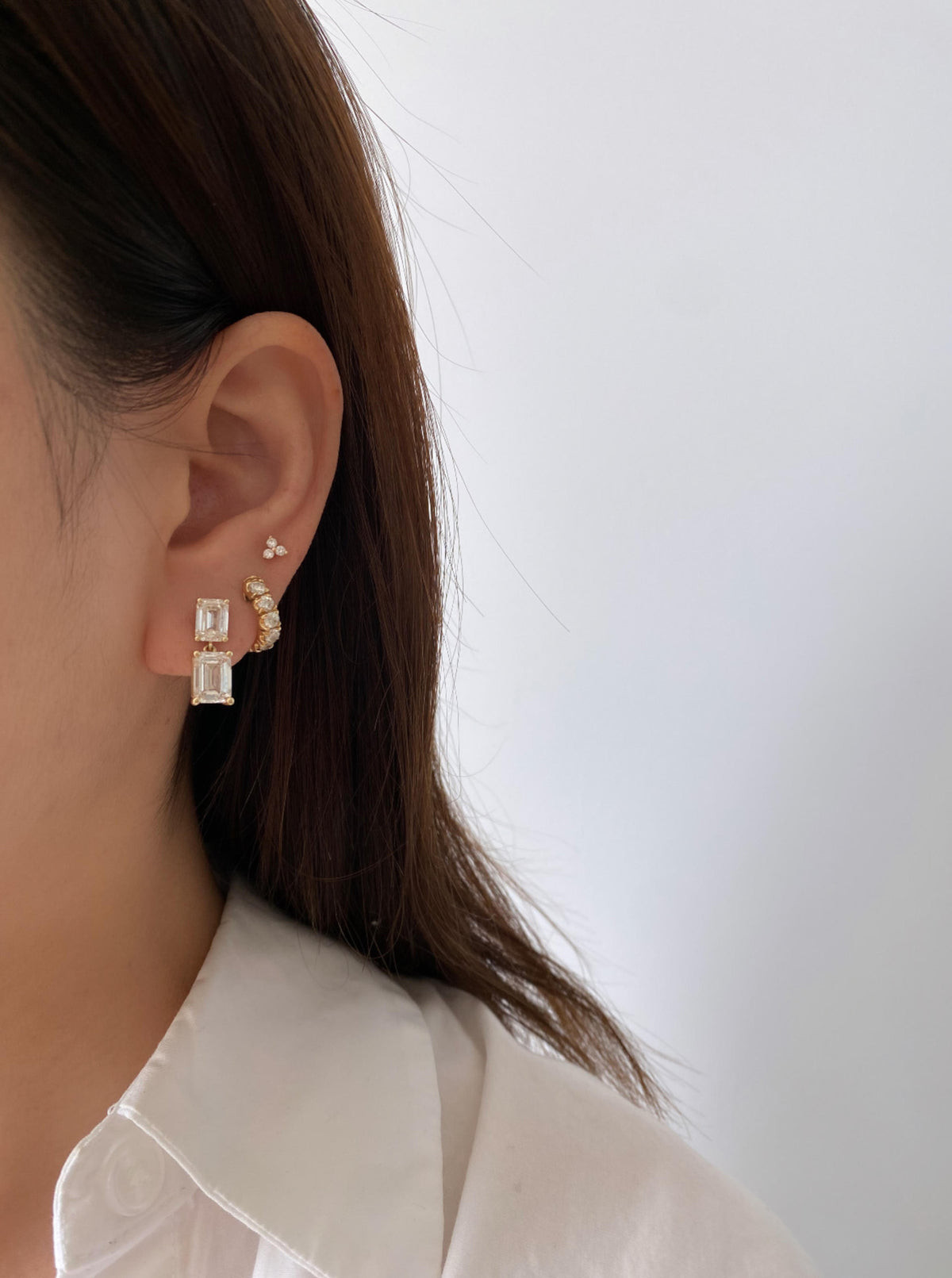 Lab Diamond Double Emerald Shape  Dangle Studs
