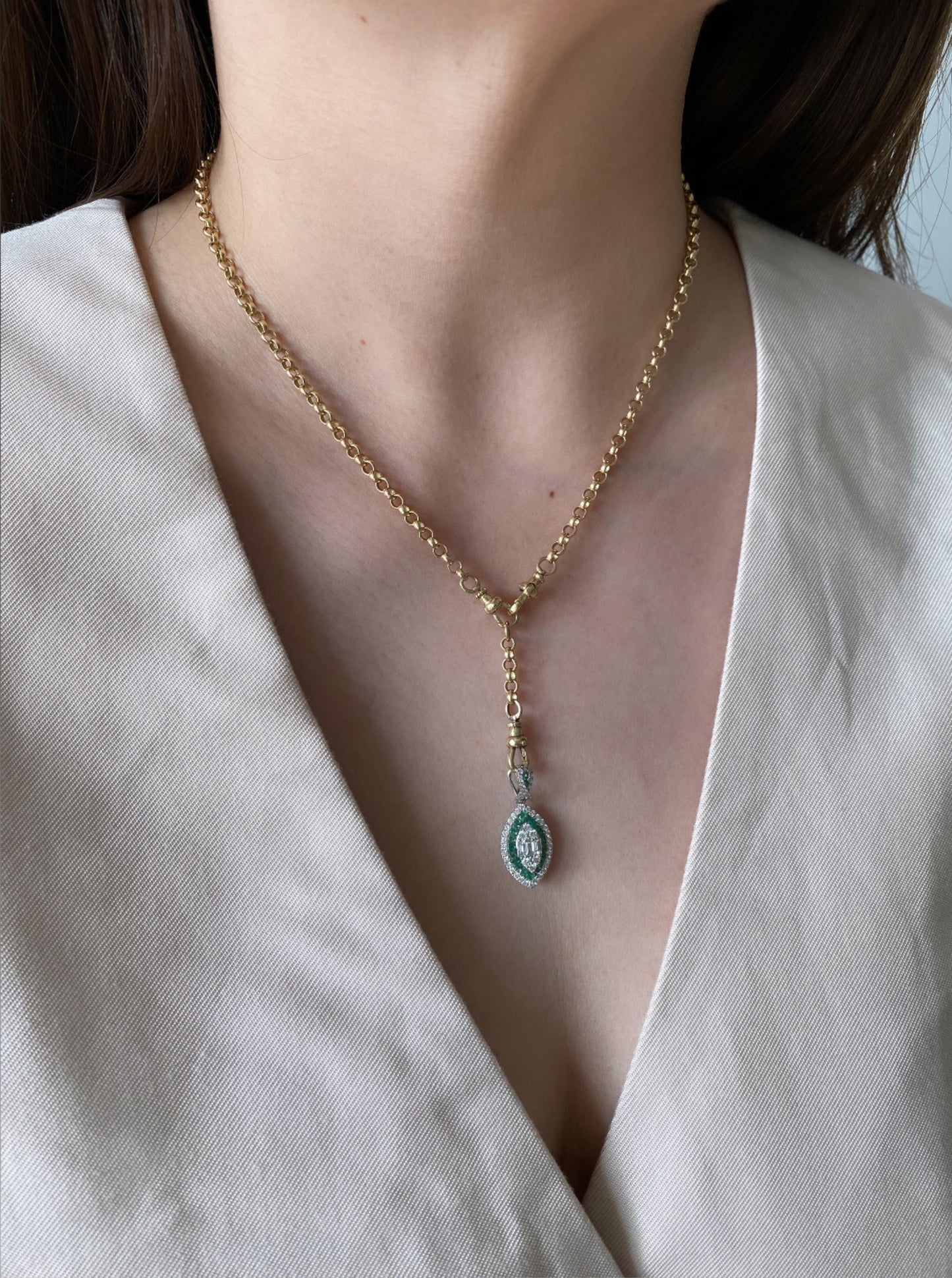Marquise Shape Emerald Diamond Halo Pendant