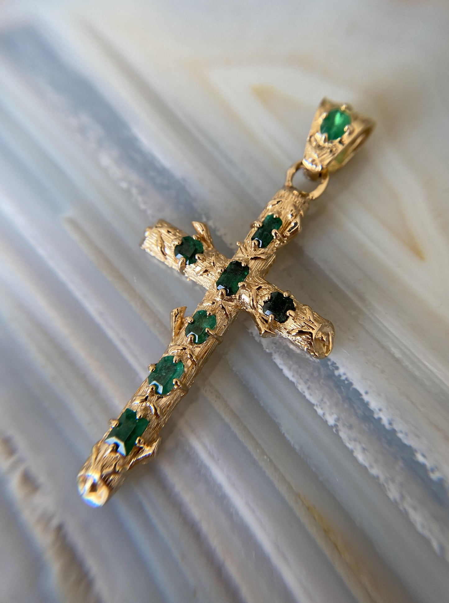 Emerald Cross Pendant with Wood Details