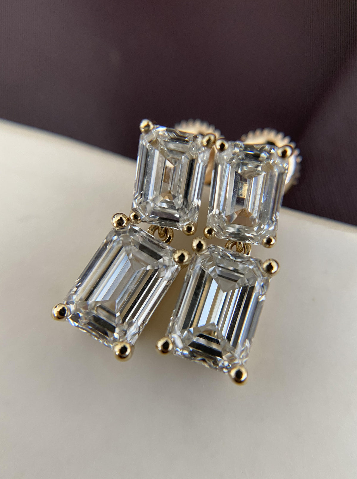 Lab Diamond Double Emerald Shape  Dangle Studs
