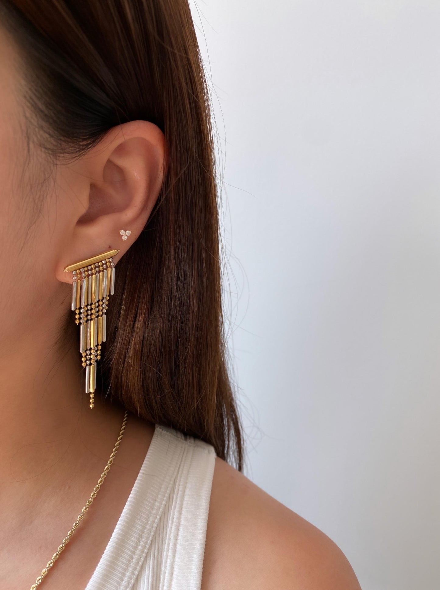 White & Yellow Gold Tassel Earrings