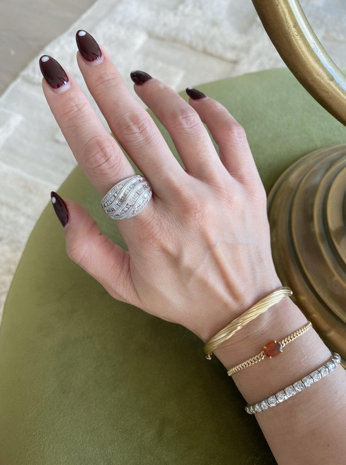 14K White Wavy Diamond Statement Band