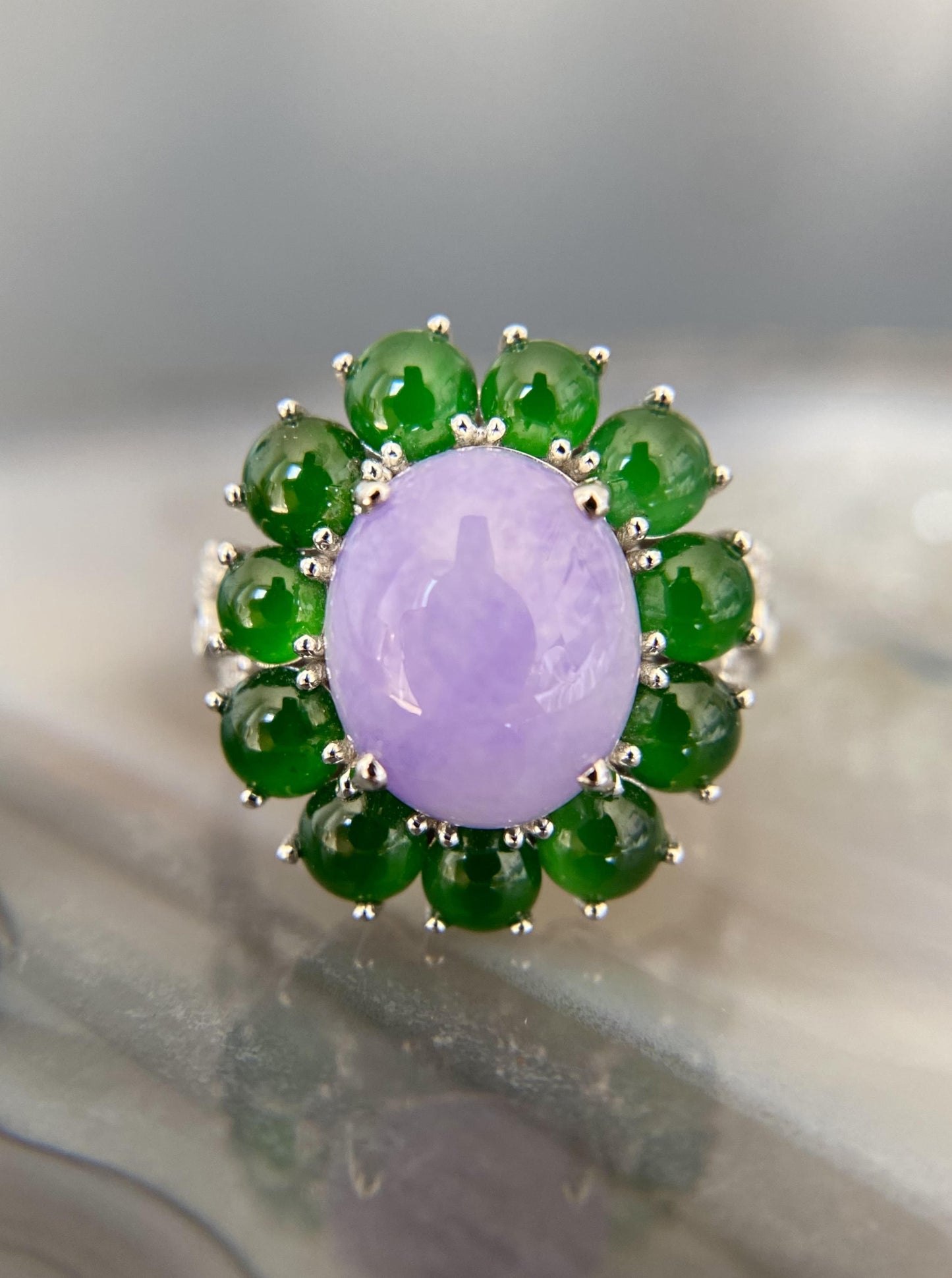 Lavender with Green Halo Jade Ring