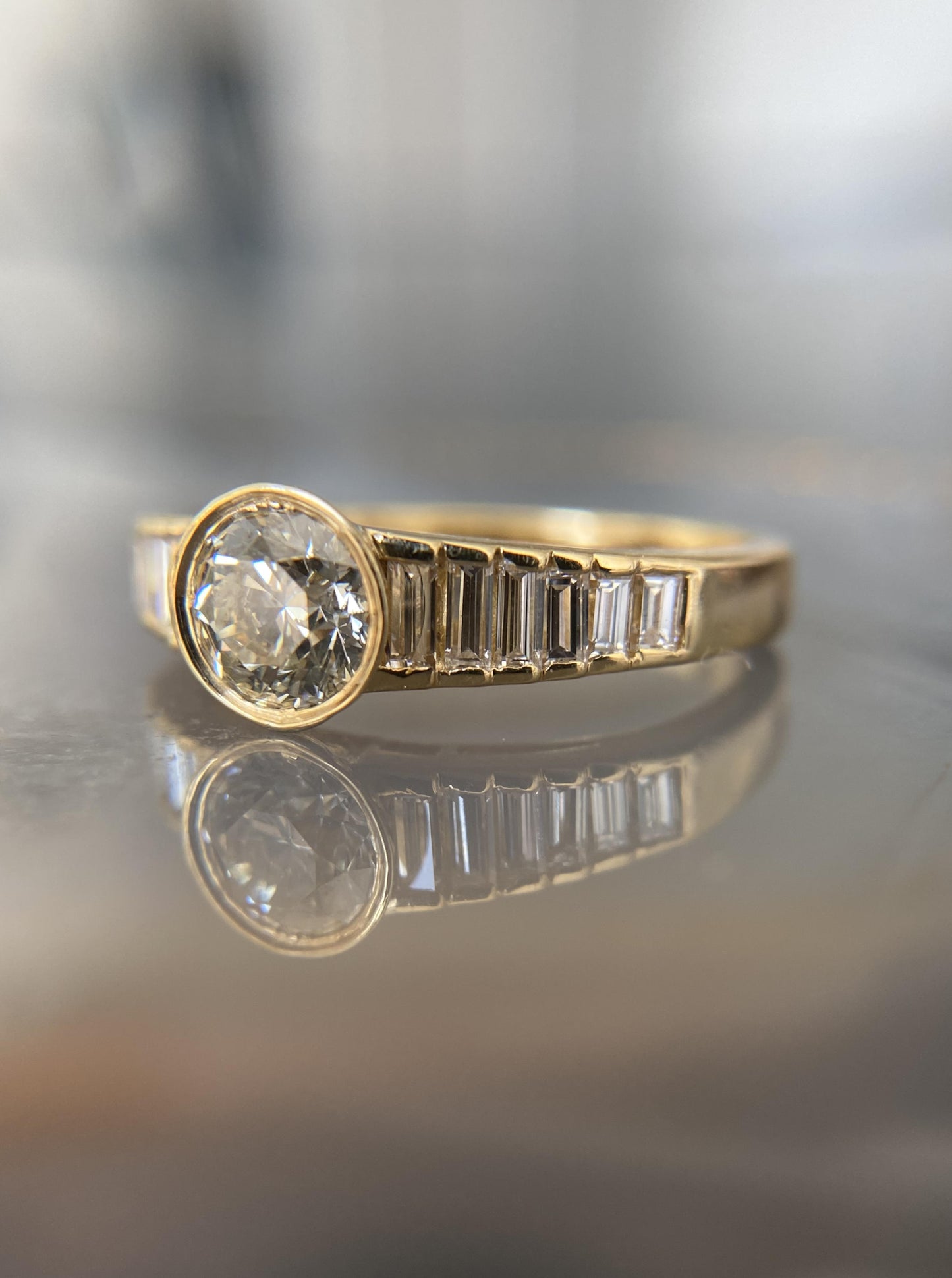 Estate Bezel Round & Baguette Diamond Ring