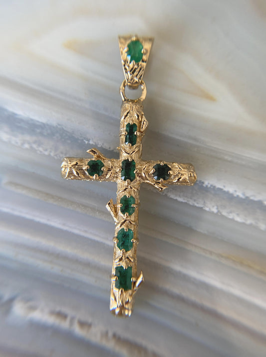 Emerald Cross Pendant with Wood Details