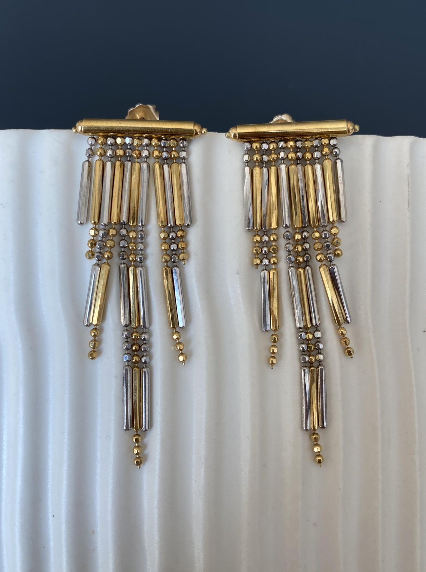White & Yellow Gold Tassel Earrings