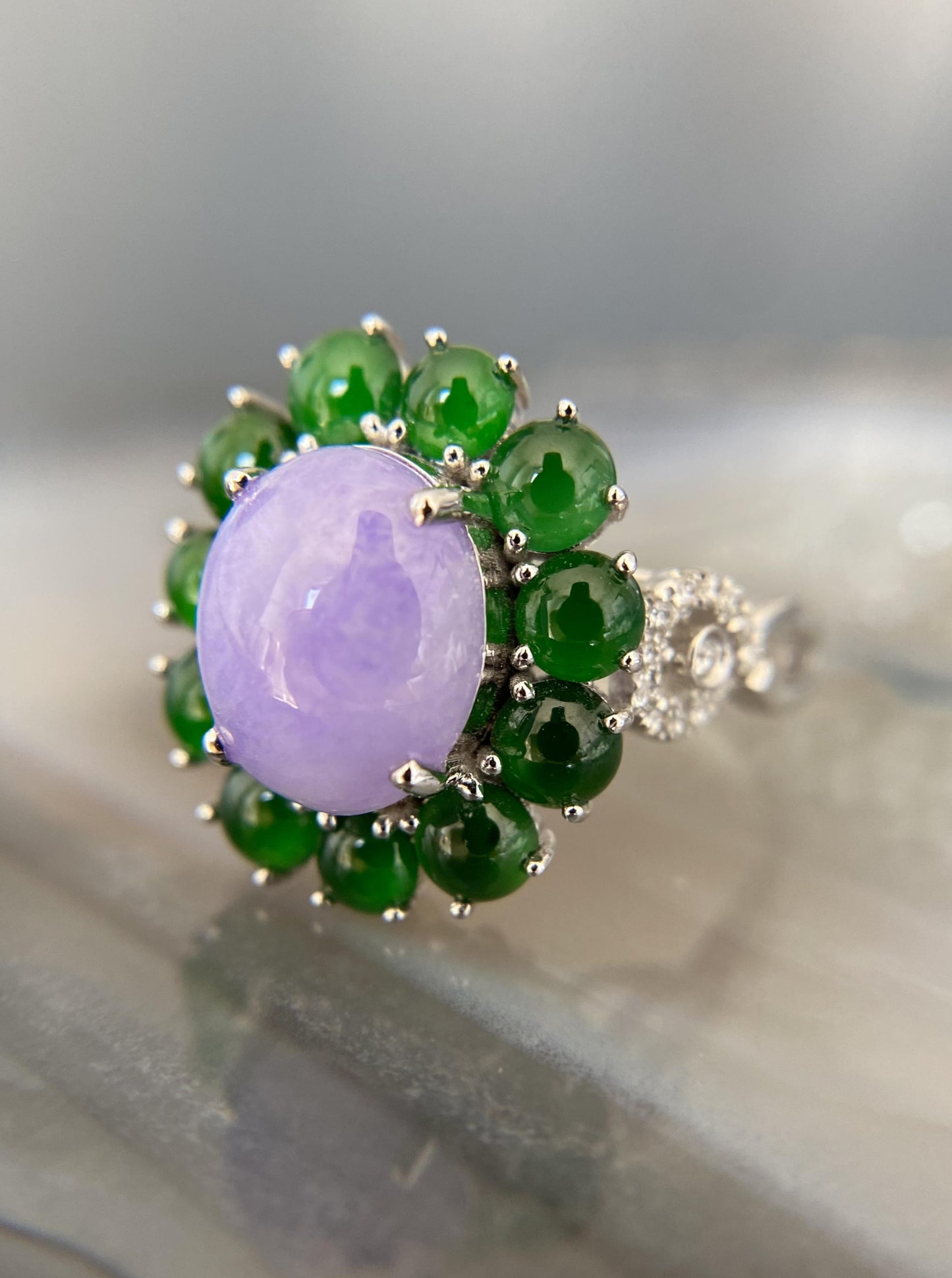 Lavender with Green Halo Jade Ring