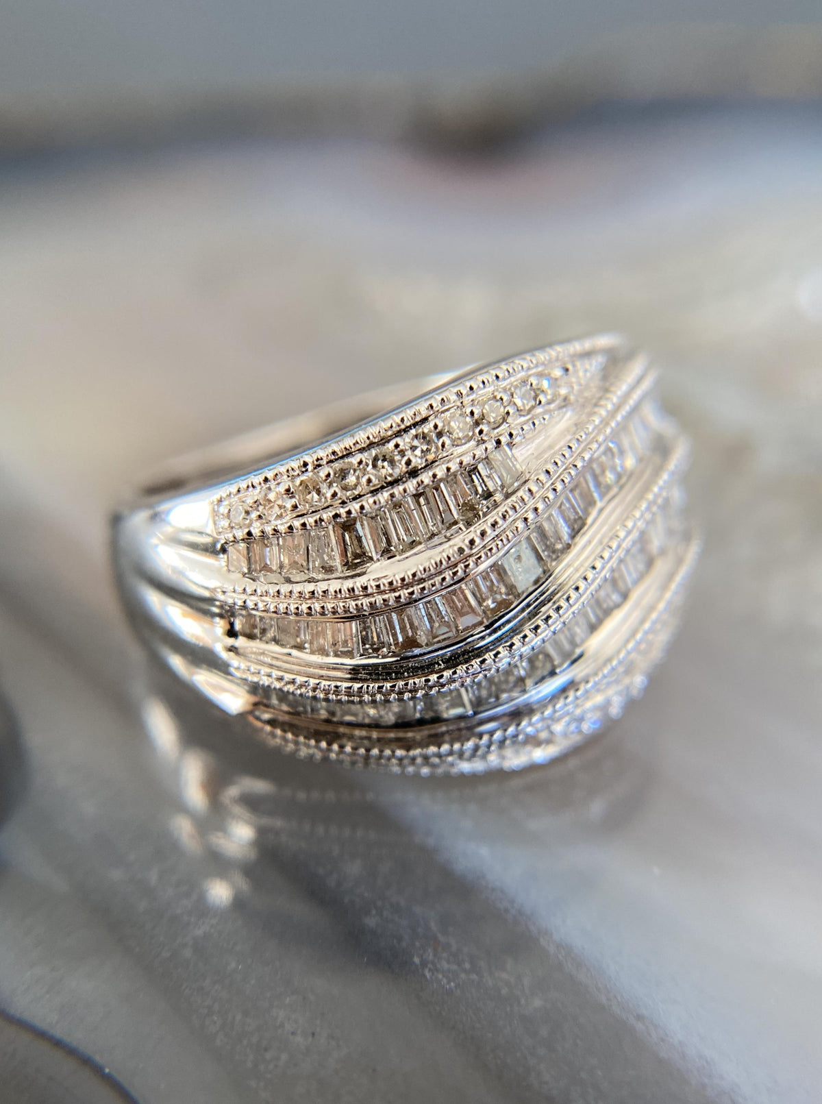 14K White Wavy Diamond Statement Band