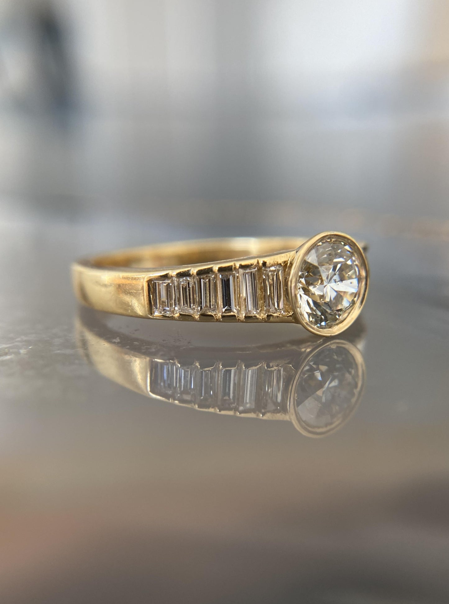 Estate Bezel Round & Baguette Diamond Ring