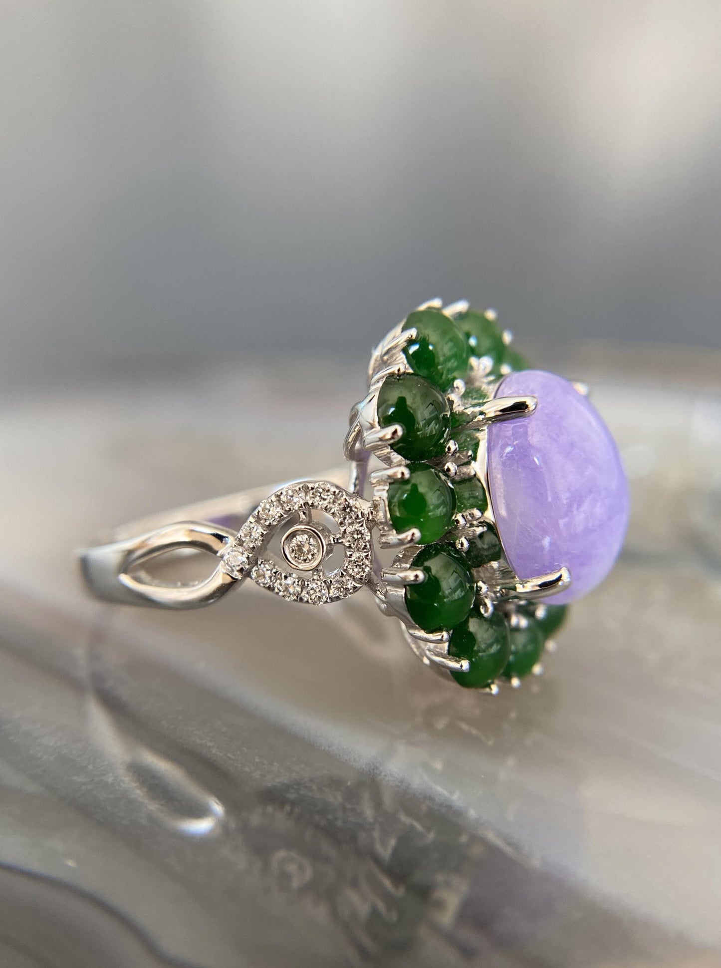 Lavender with Green Halo Jade Ring