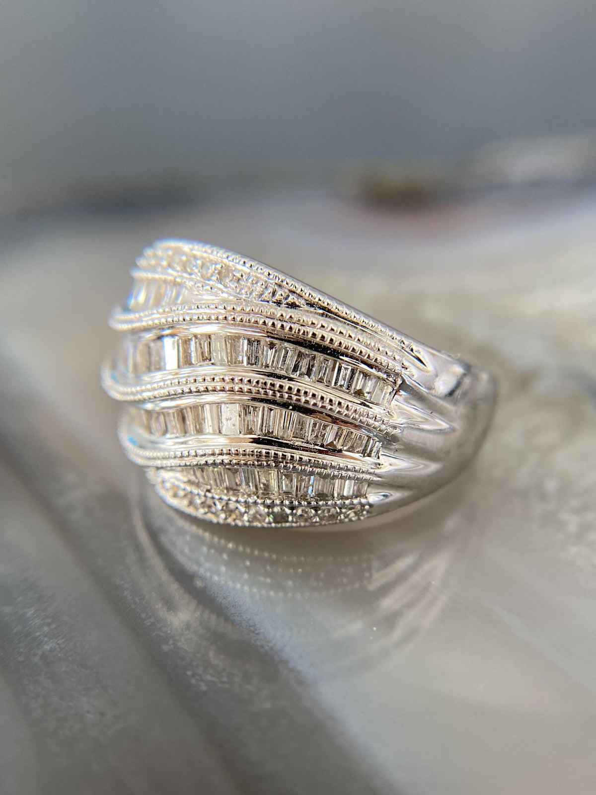 14K White Wavy Diamond Statement Band