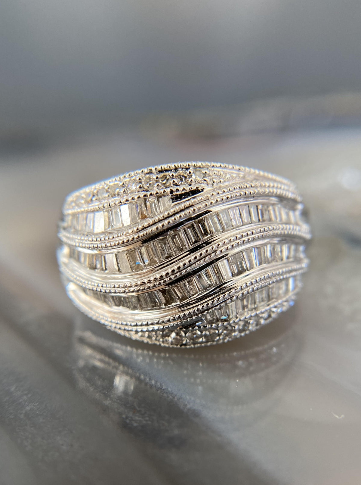 14K White Wavy Diamond Statement Band
