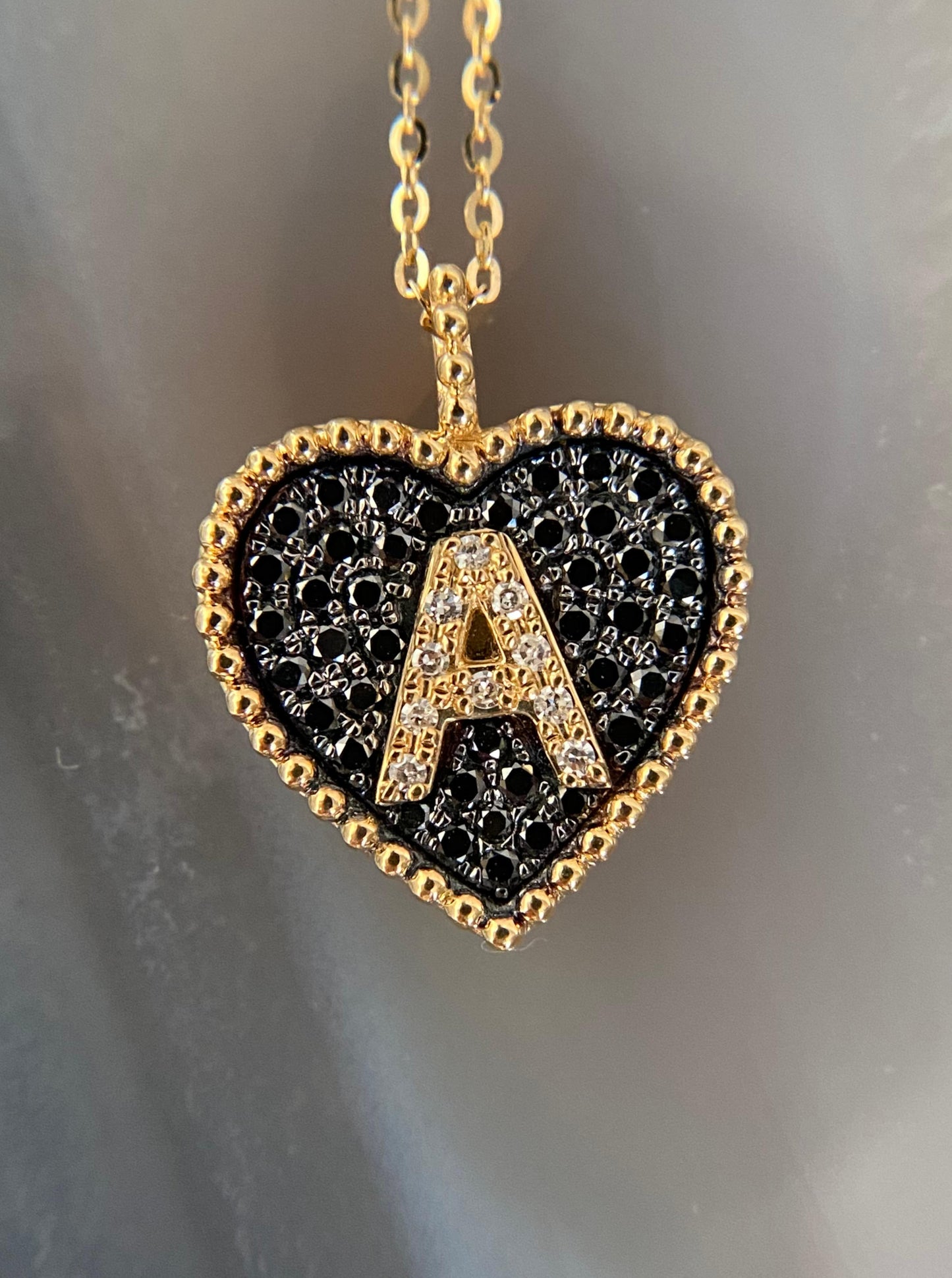 "A" Black Diamond Heart Necklace