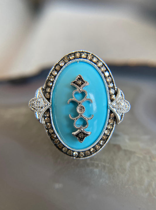 Vintage White Gold Oval Turquoise Ring with Champagne Diamond Halo