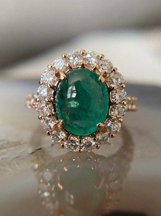 Vintage Emerald Cabochon with Diamond Halo Ring