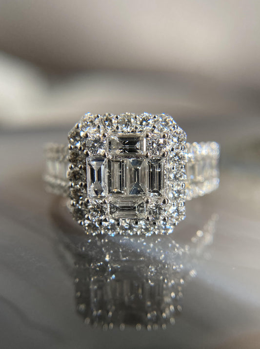 White Gold Emerald Shaped Cluster Diamond Ring