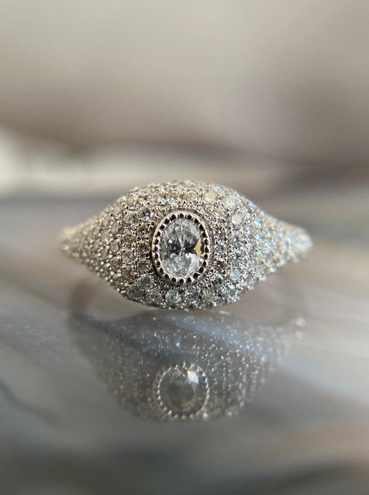 White Gold Diamond Cluster Puffy Signet Ring