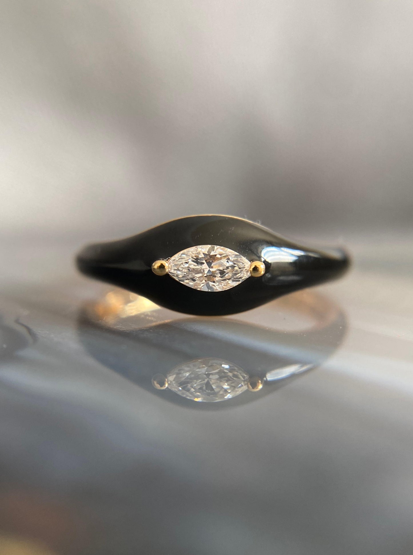 East West Marquise Diamond with Black Enamel Ring