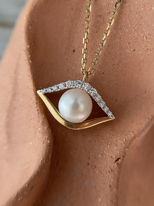 Pearl Evil Eye Diamond Necklace