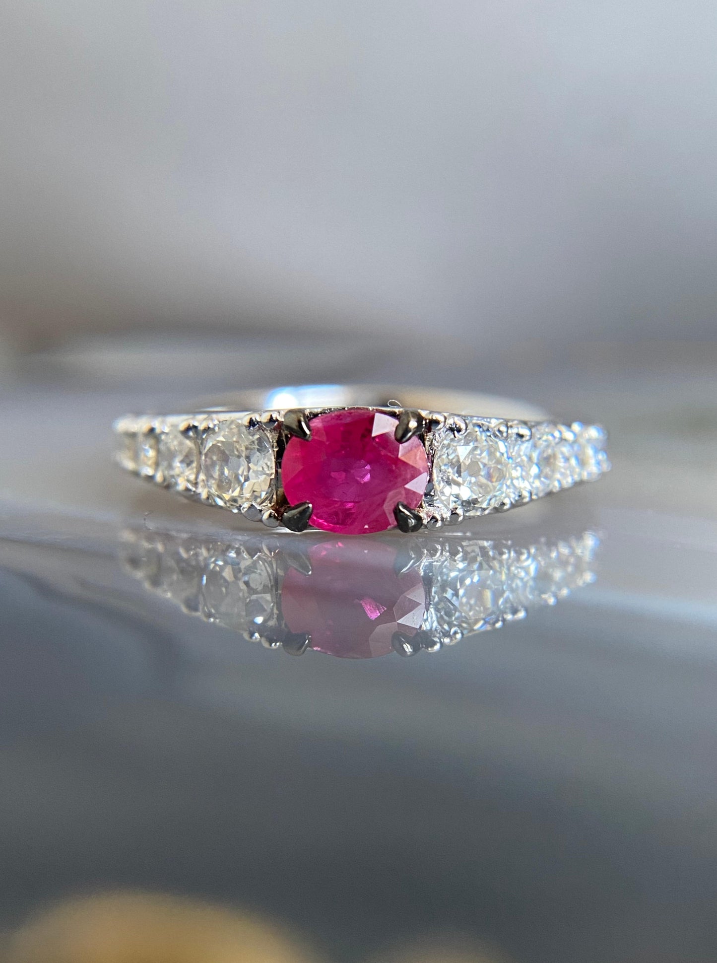 White Gold Ruby Ring with Old Mine Cut Diamonds