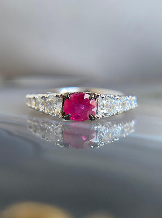 White Gold Ruby Ring with Old Mine Cut Diamonds