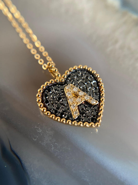 "A" Black Diamond Heart Necklace