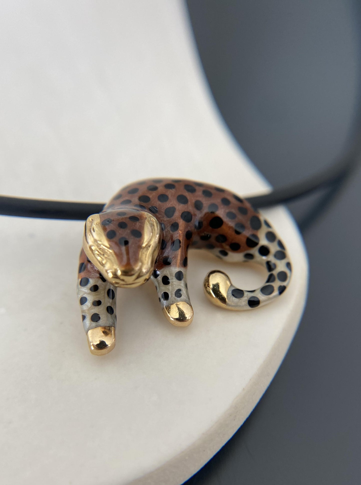 Vintage 14K Enamel Panther Charm Necklace
