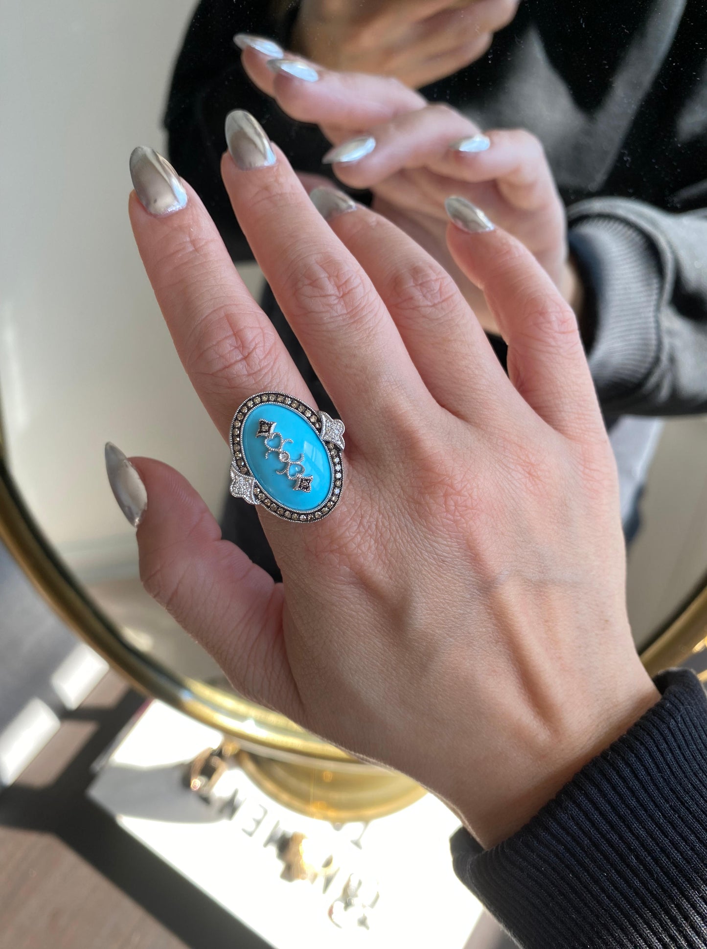 Vintage White Gold Oval Turquoise Ring with Champagne Diamond Halo