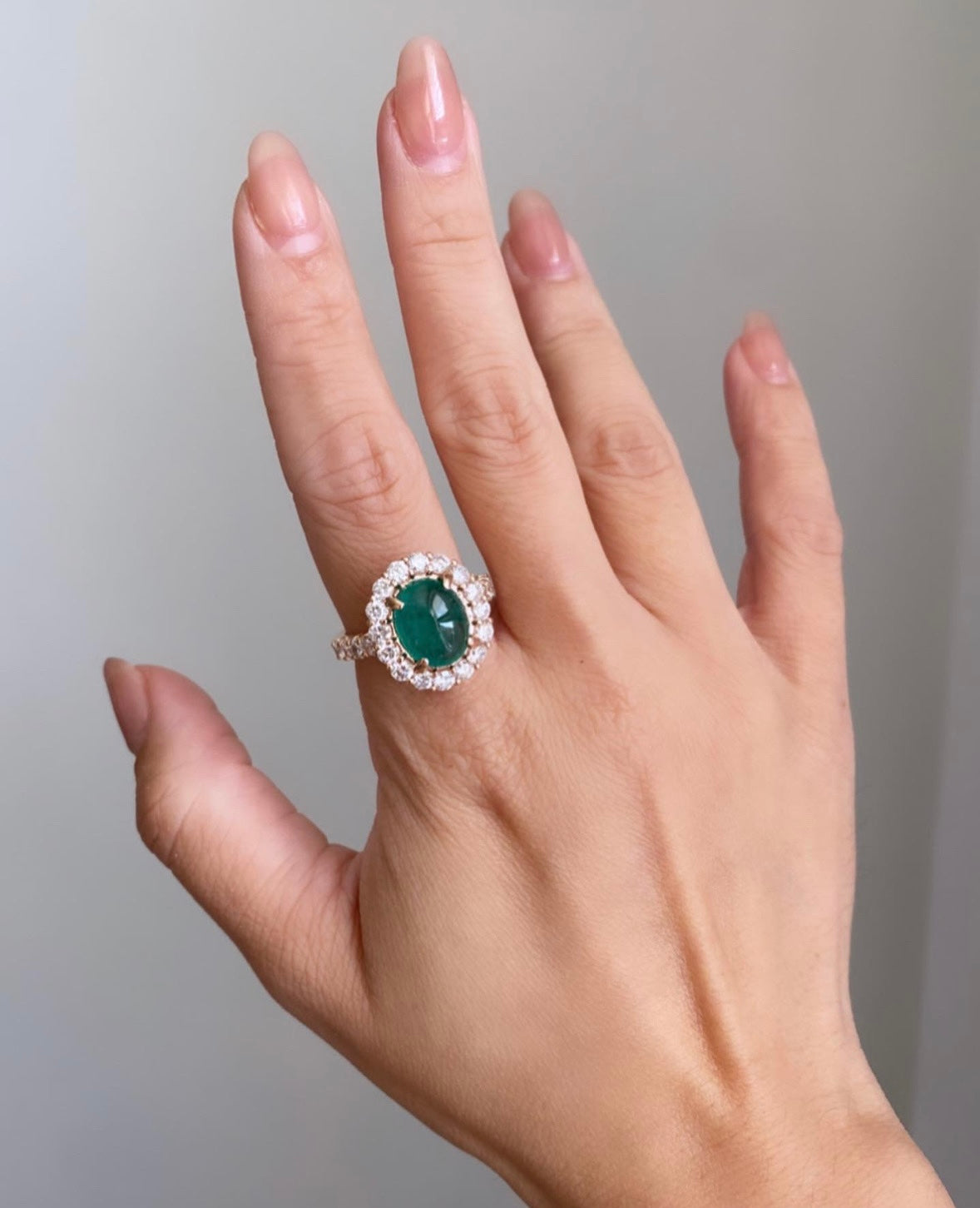 Vintage Emerald Cabochon with Diamond Halo Ring