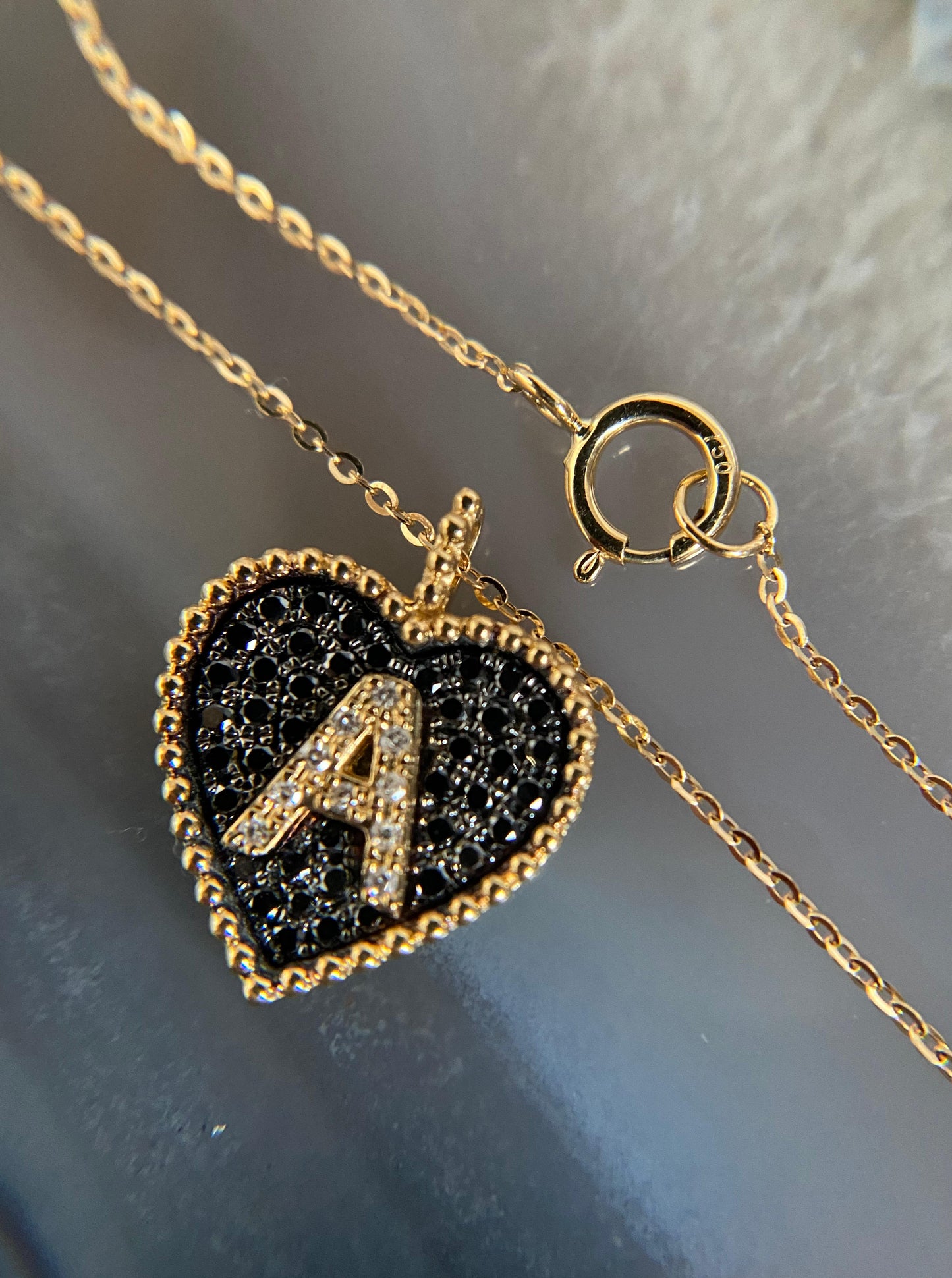 "A" Black Diamond Heart Necklace