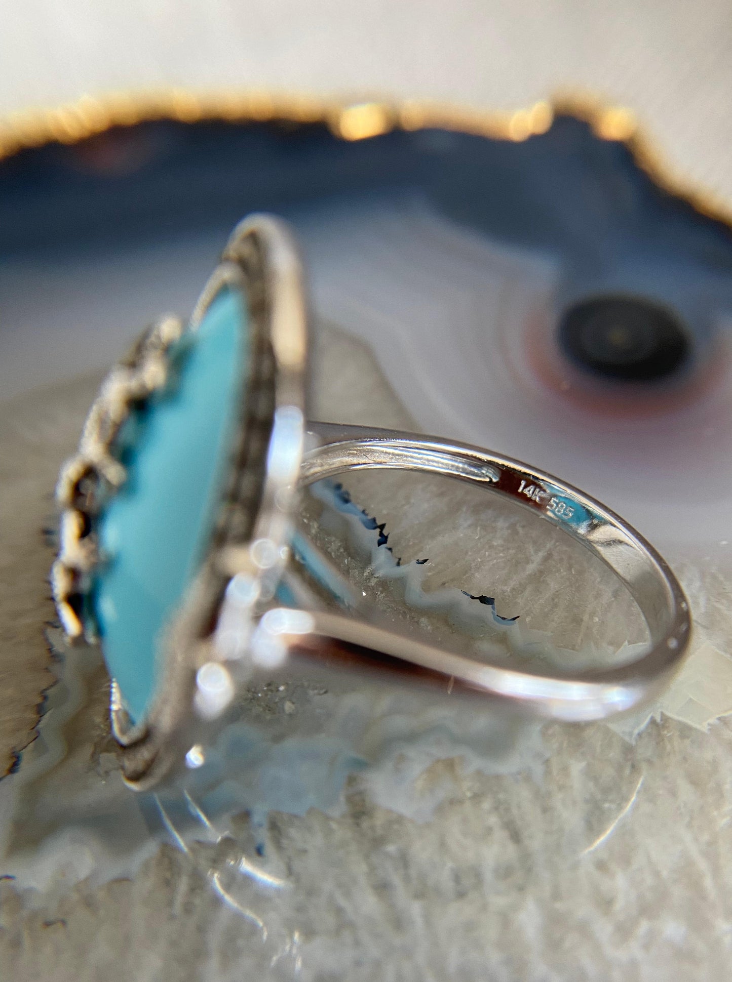 Vintage White Gold Oval Turquoise Ring with Champagne Diamond Halo