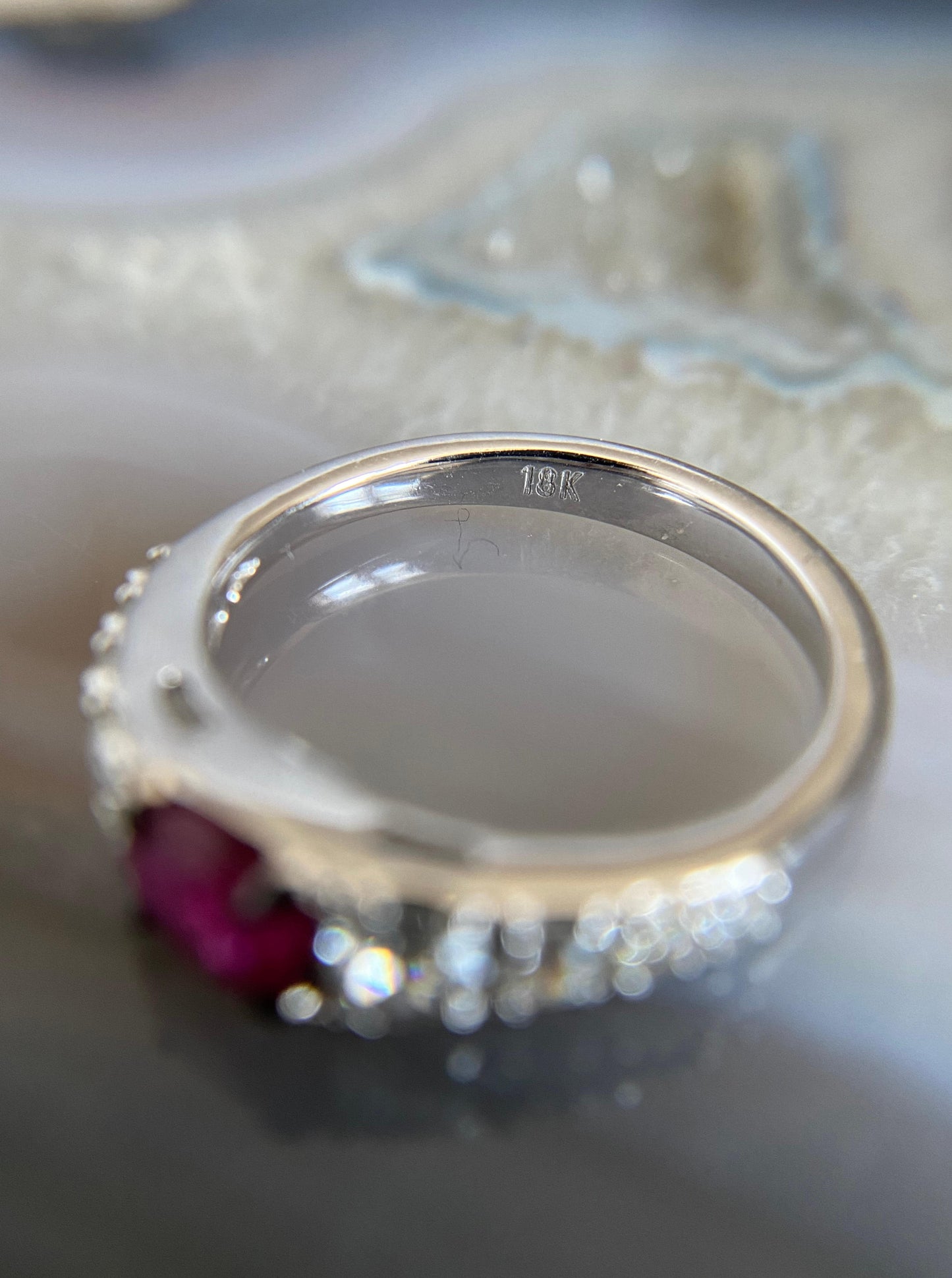 White Gold Ruby Ring with Old Mine Cut Diamonds