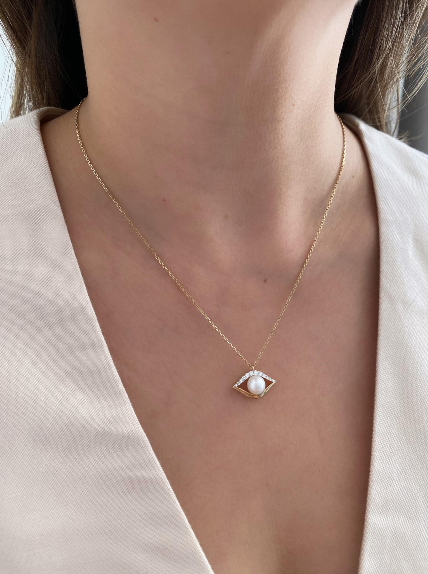 Pearl Evil Eye Diamond Necklace