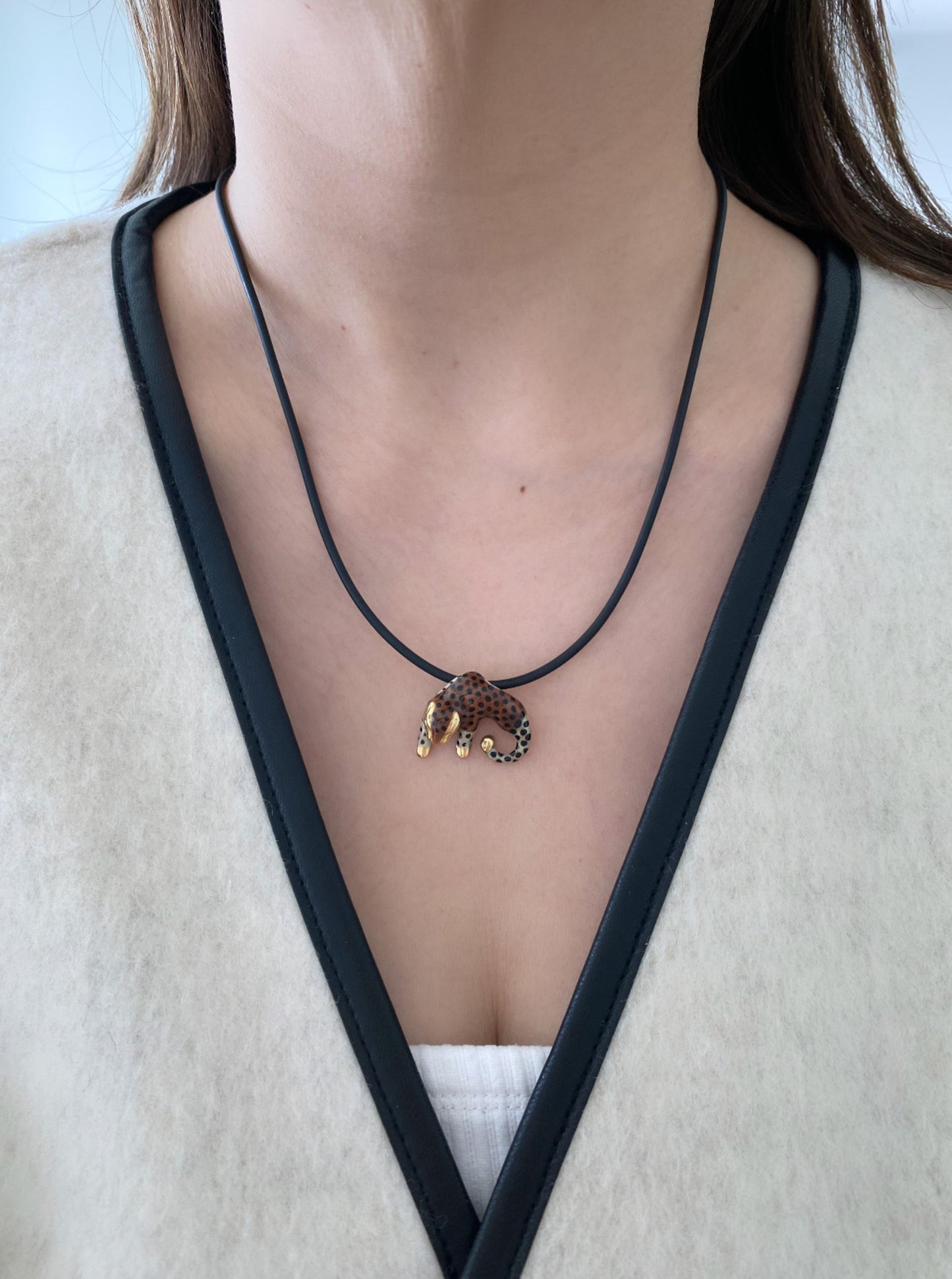 Vintage 14K Enamel Panther Charm Necklace