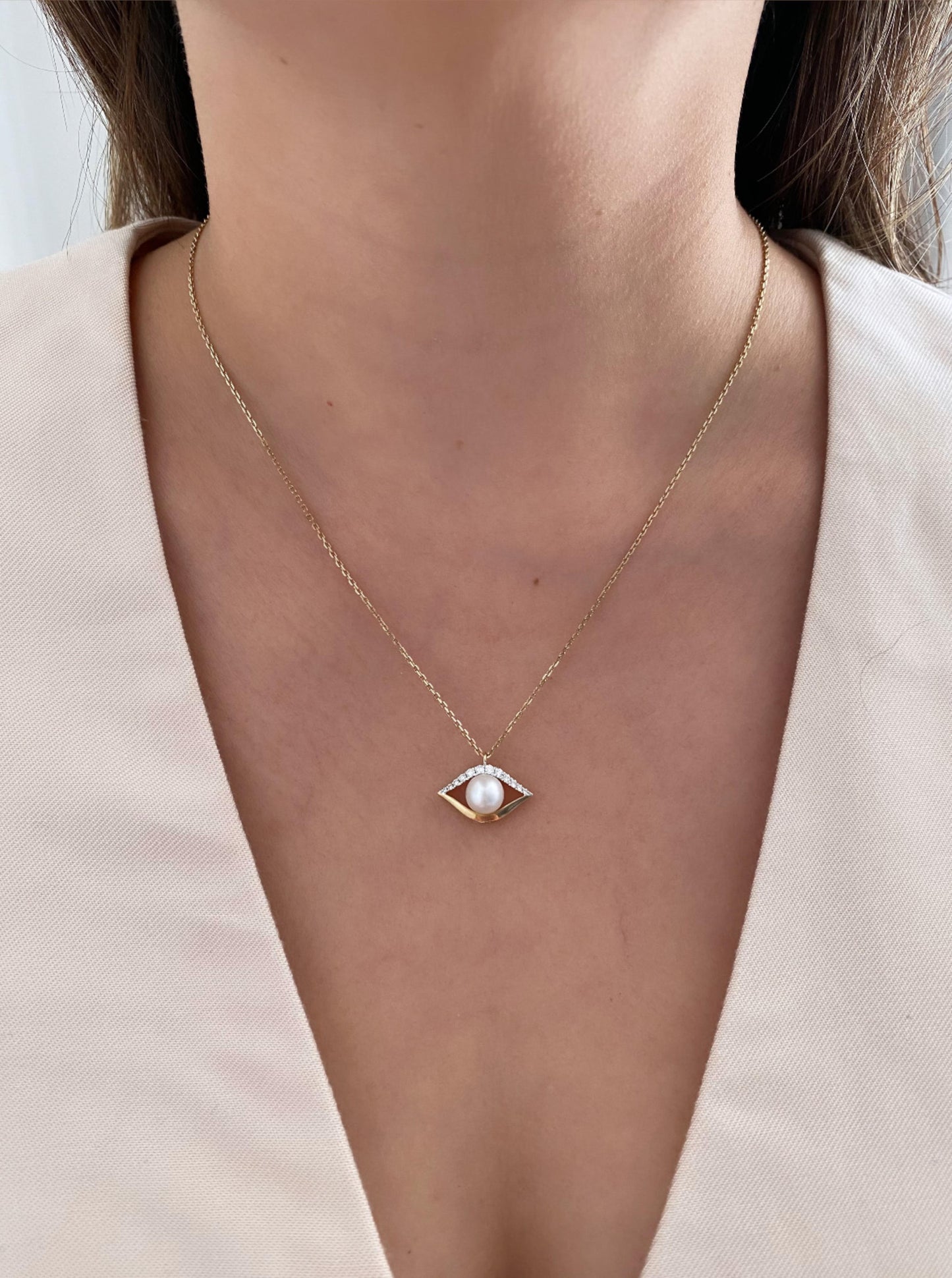 Pearl Evil Eye Diamond Necklace