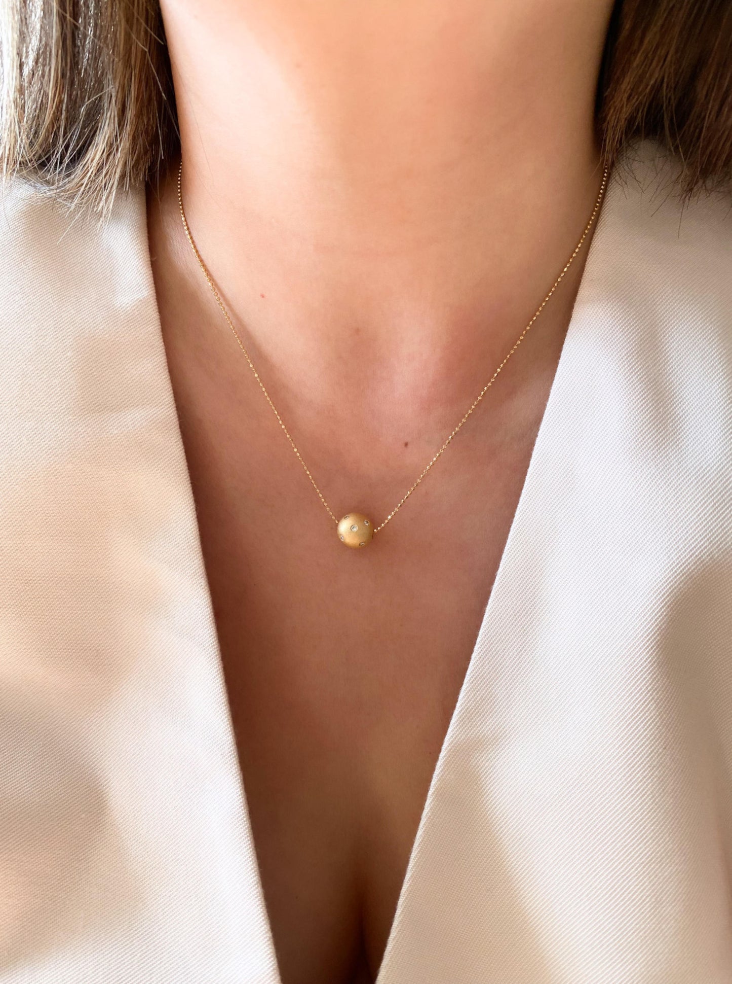 Soild Gold Diamond Ball Charm Necklace