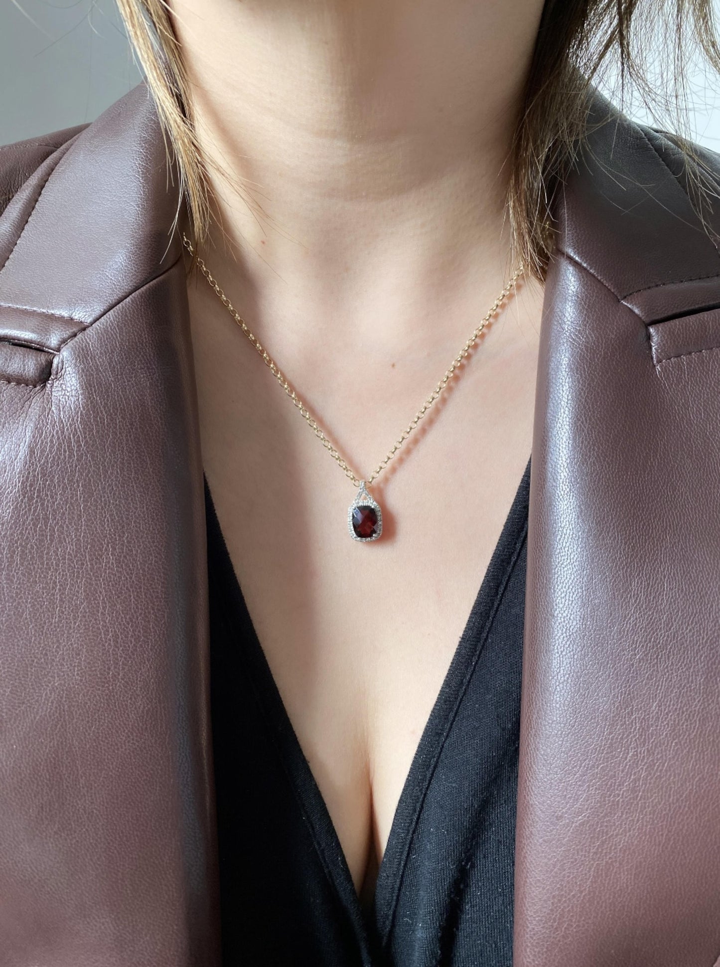 Garnet Pendant With Diamond Halo