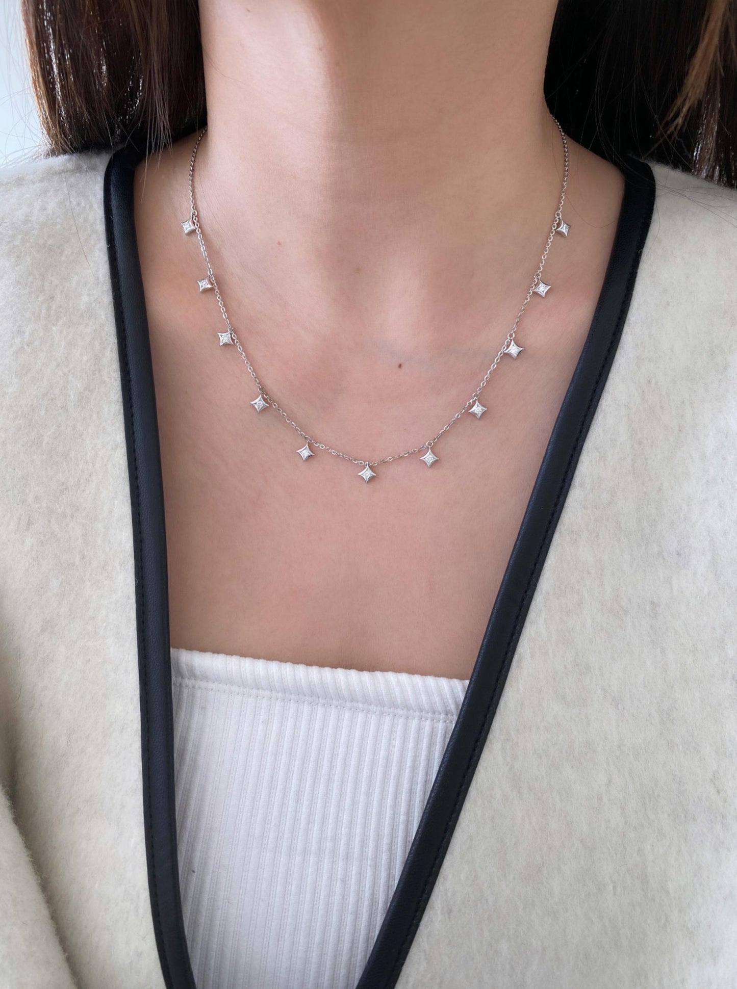 Celestial Drop Diamond Star Necklace (White Gold)