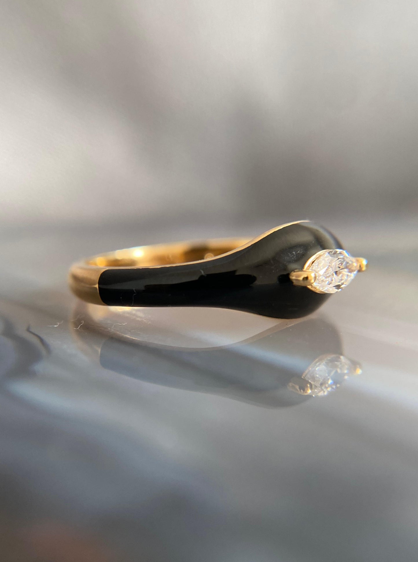 East West Marquise Diamond with Black Enamel Ring