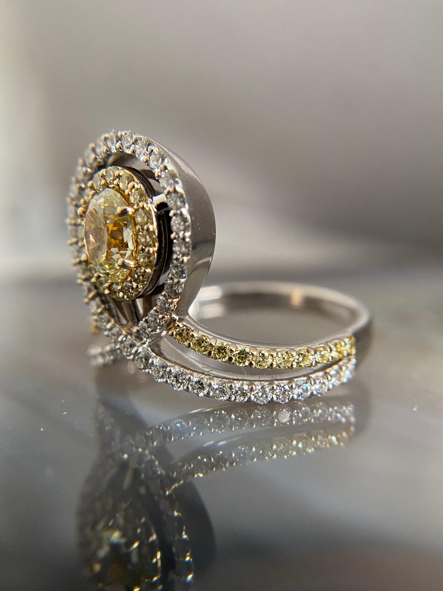 Fancy Yellow and White Diamond Halo Ring