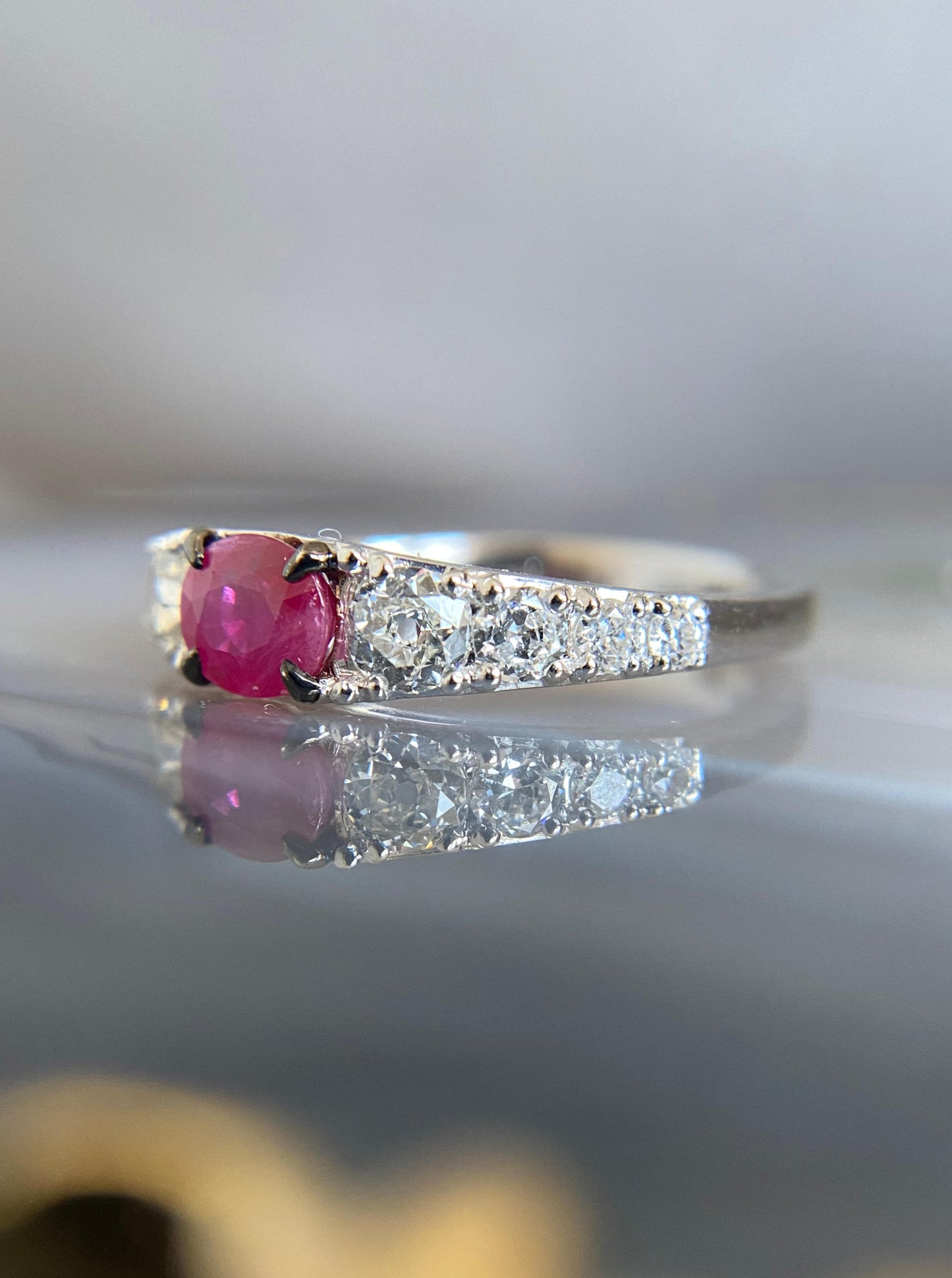 White Gold Ruby Ring with Old Mine Cut Diamonds