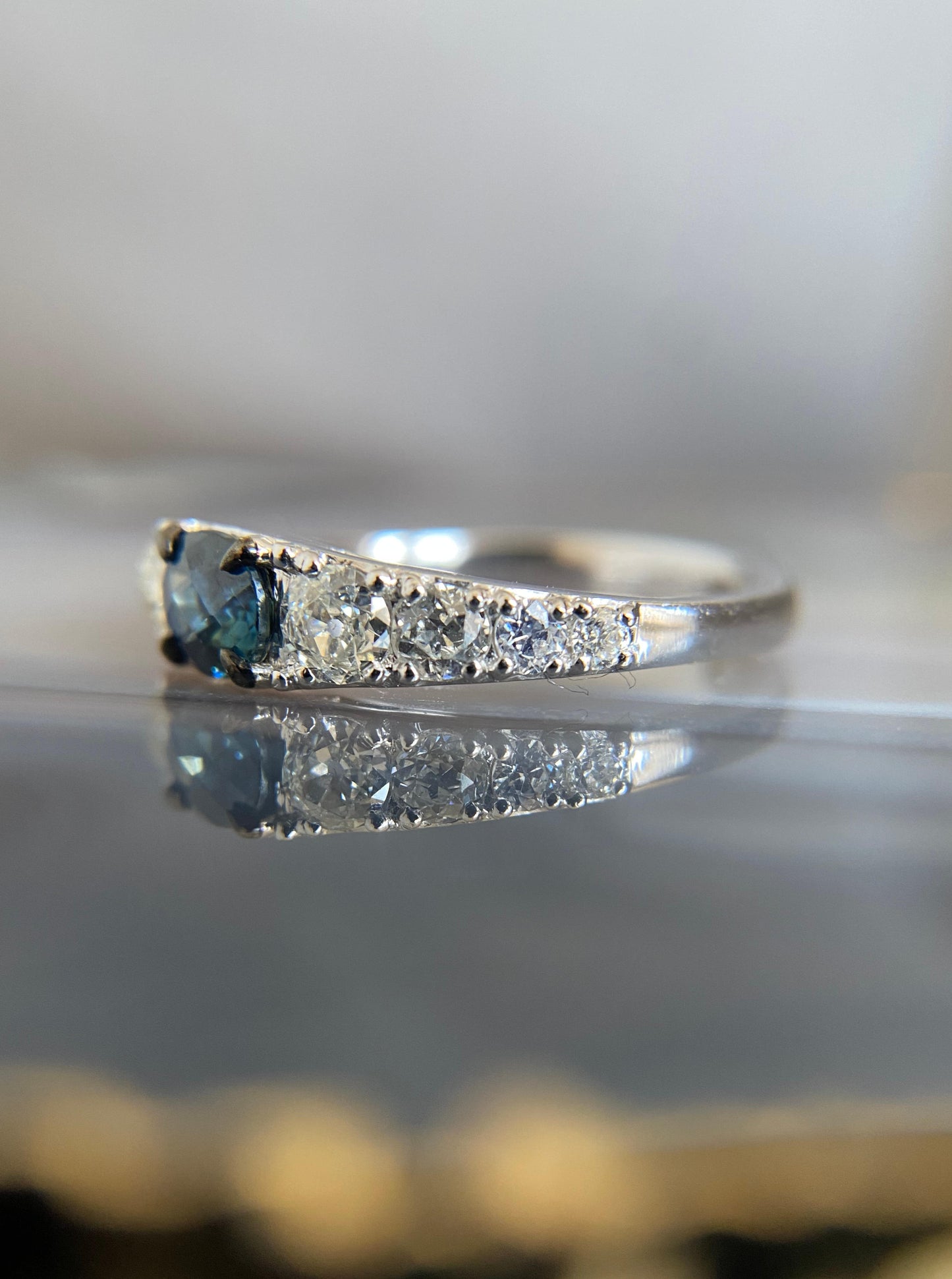 White Gold Sapphire Ring with Old Mine Cut Diamonds