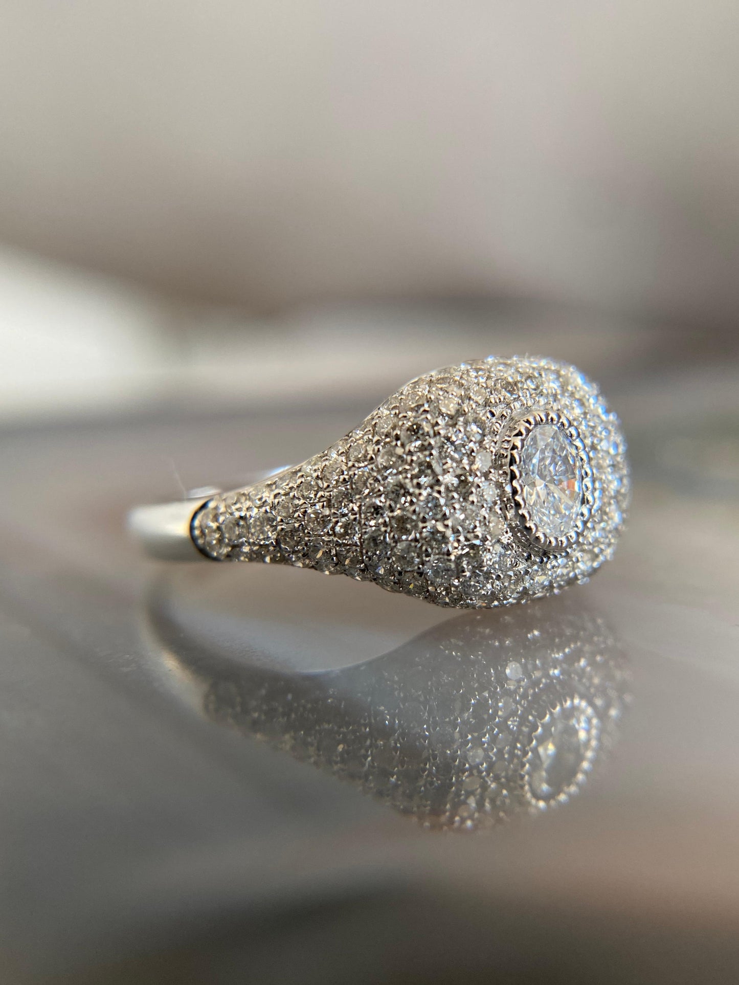 White Gold Diamond Cluster Puffy Signet Ring