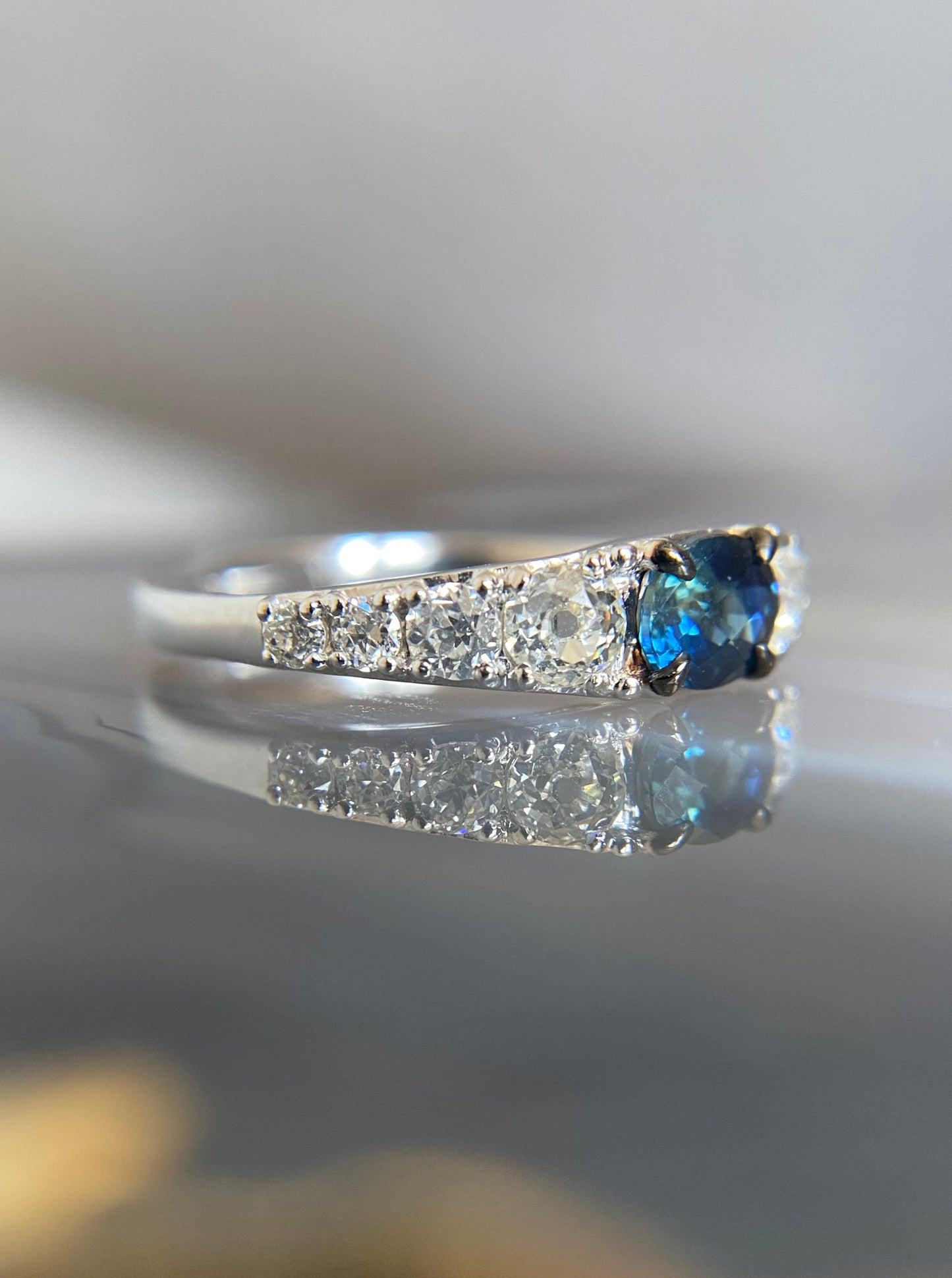 White Gold Sapphire Ring with Old Mine Cut Diamonds