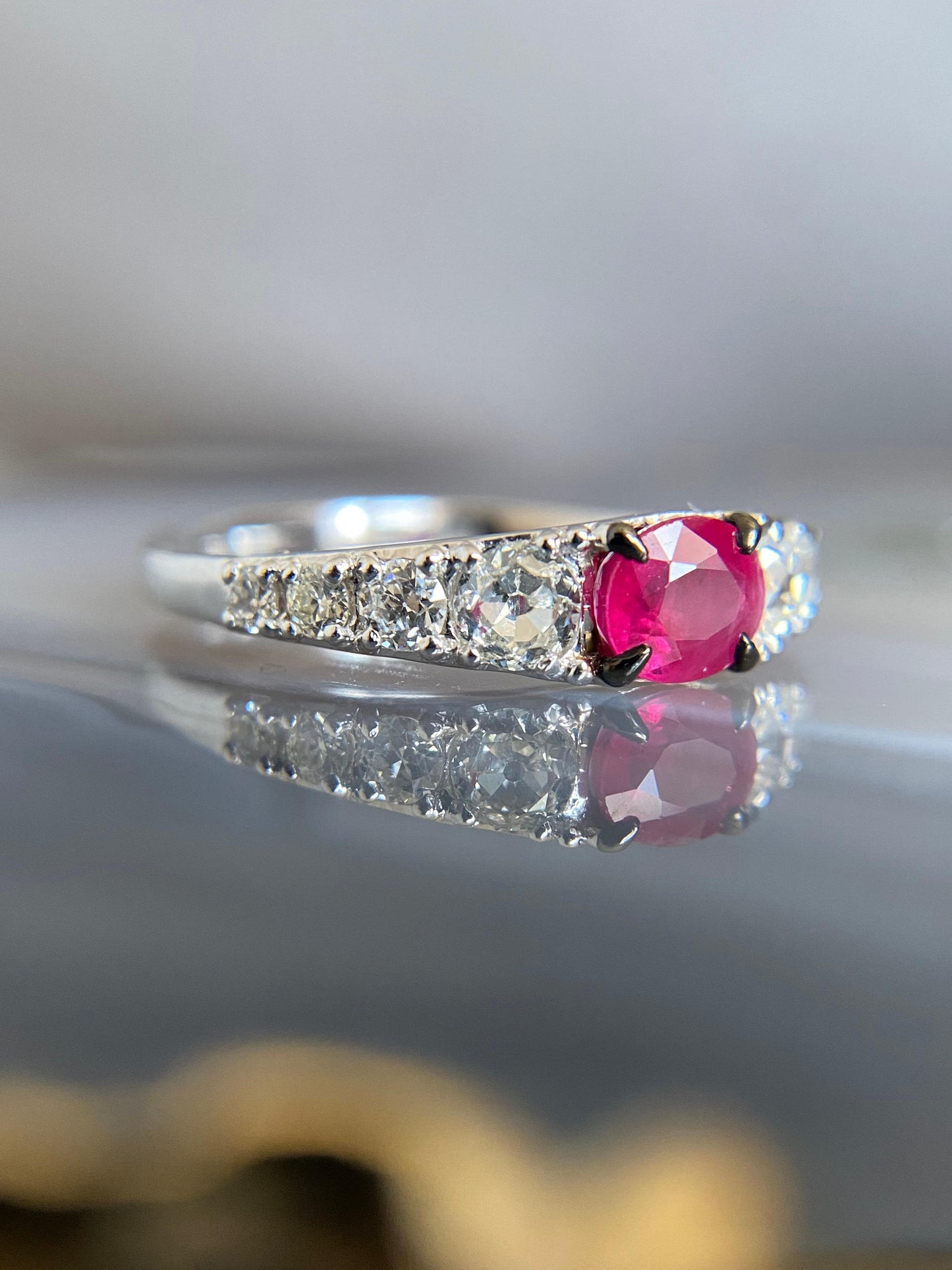 White Gold Ruby Ring with Old Mine Cut Diamonds