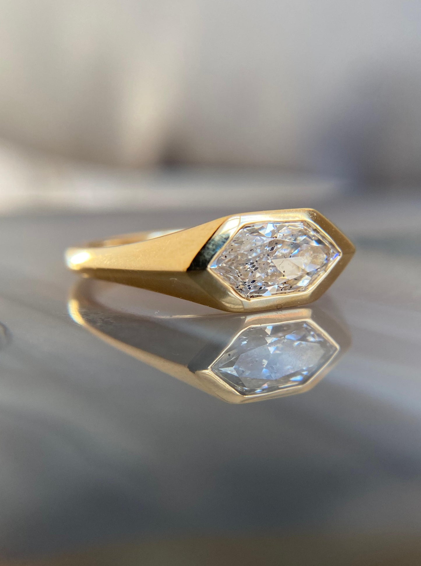 East West Hexagon Diamond Signet Ring